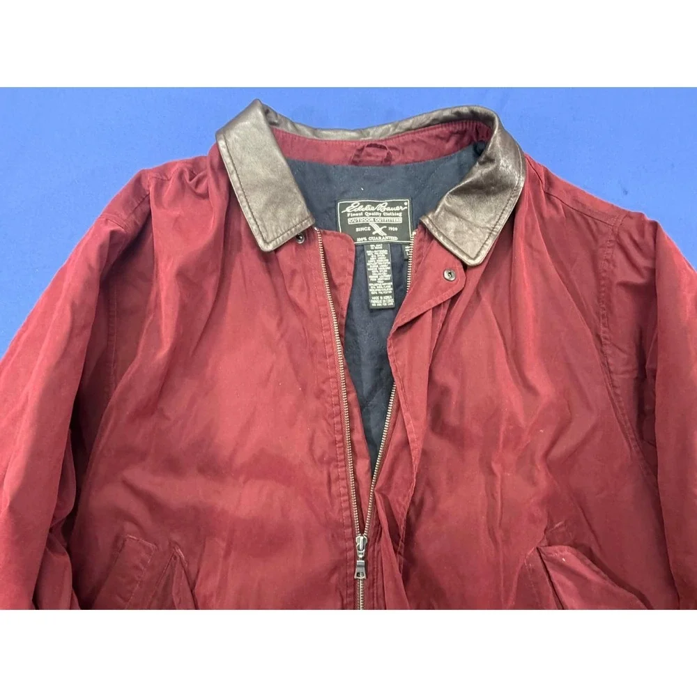 Vintage‎ Eddie Bauer Quilted Barn Jacket Acrylic Trim Leather Collar Red LG